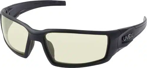 Stylish matte black sunglasses with light yellow lenses for enhanced visibility during outdoor activities.