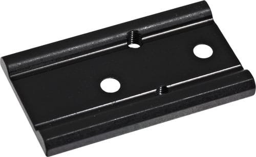 Sleek black metal mounting plate R90722 with precision holes for automotive and electronic applications.