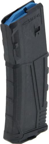 Durable black firearm magazine with blue tip for efficient loading and reliable performance.
