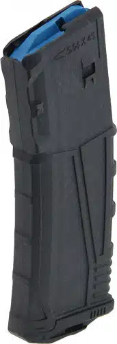 Durable black firearm magazine with blue tip for efficient loading and reliable performance.