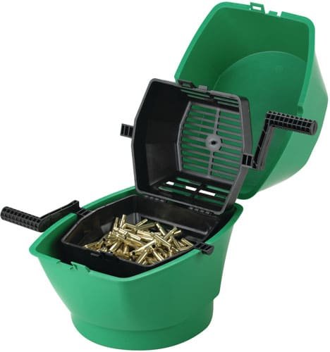 Efficient green vibratory tumbler for polishing brass casings and metal parts at home.