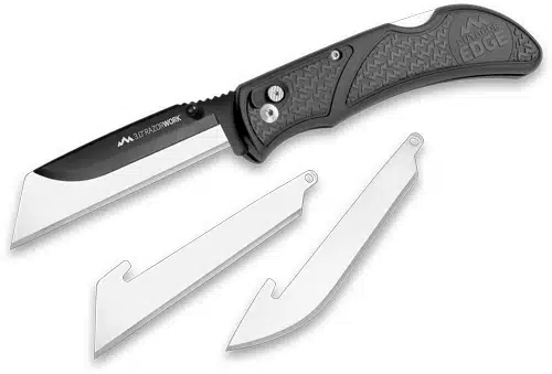 Ergonomic RW3060C folding utility knife with textured handle and two replacement blades for efficient cutting.