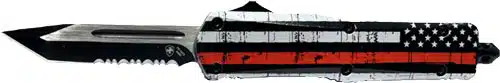Patriotic tactical knife with American flag design, perfect for outdoor and survival use.