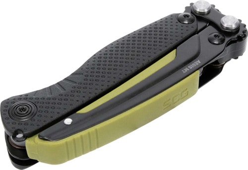Versatile SOG Multi-Tool with olive accents, textured grip, and secure locking for outdoor and daily use.