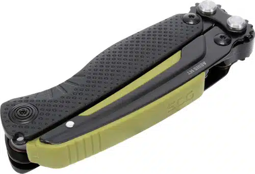 Versatile SOG Multi-Tool with olive accents, textured grip, and secure locking for outdoor and daily use.
