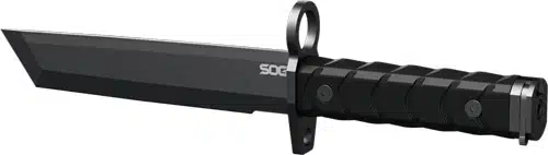 SOG Tactical Knife with black high-carbon steel blade and ergonomic handle for secure grip.
