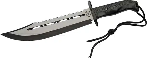 Versatile heavy-duty survival knife with serrated blade and ergonomic handle for outdoor adventures.