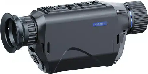Compact thermal imaging device for wildlife observation and security with advanced lens and smart controls.