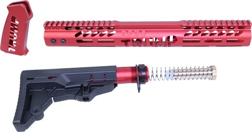 Red aluminum handguard and black polymer stock assembly for customizable rifles.