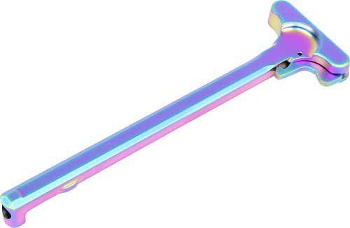 Iridescent aluminum AR-15 charging handle with ergonomic T-grip for enhanced performance and style.