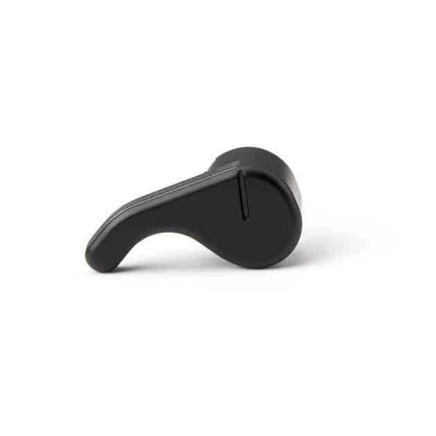 Compact black ergonomic whistle ideal for sports signaling, offering style and clear sound.