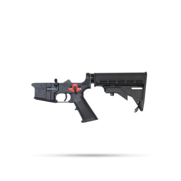 Sleek AR-15 lower receiver with adjustable stock and vivid red safety selector for optimal performance.