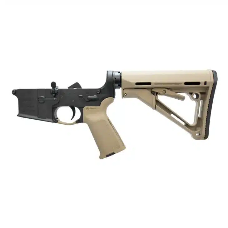 AR-15 Lower Receiver and Adjustable Stock Assembly in matte black and tan for enhanced performance.