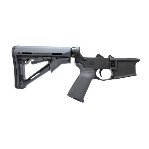AR-15 lower receiver with adjustable stock, durable aluminum, and ergonomic design for customization.