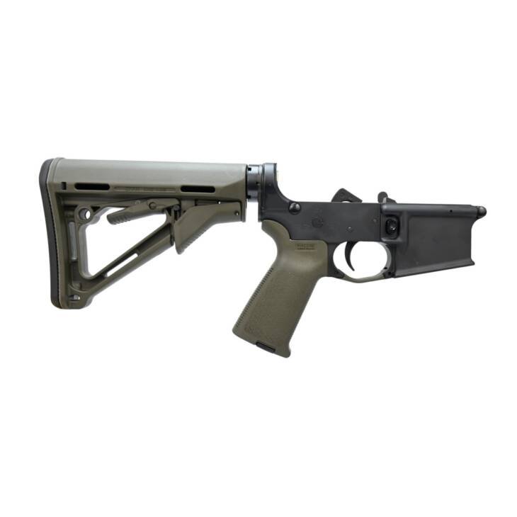 AR-style rifle lower receiver with ergonomic adjustable stock and contoured grip for optimal control.