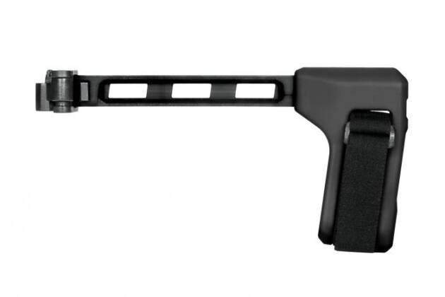 Ergonomic black tactical stock attachment for rifles, featuring adjustable cutouts and a secure grip strap.