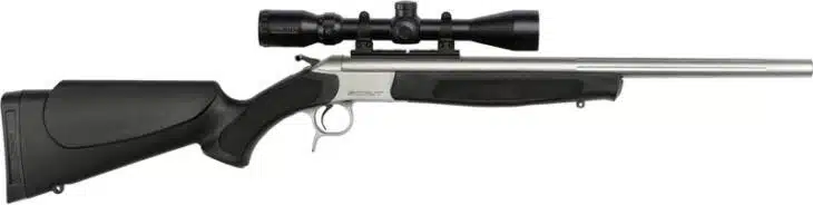 Sleek modern rifle with stainless steel barrel and precision scope for serious shooters.