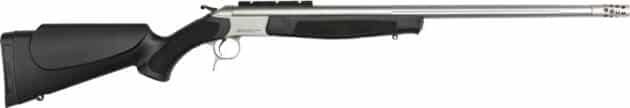 Sleek bolt-action rifle with stainless steel barrel, ergonomic matte black stock for precision shooting.