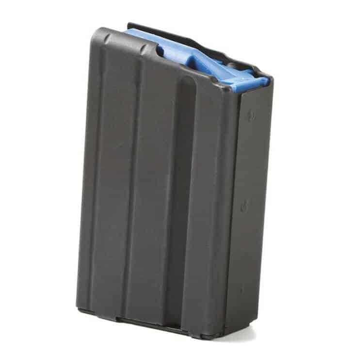 Black firearm magazine with blue follower, ergonomic design, enhanced grip, Model AB0565SSBMBL.