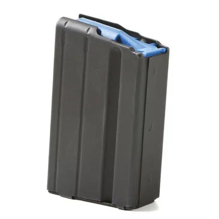 Black firearm magazine with blue follower, ergonomic design, enhanced grip, Model AB0565SSBMBL.