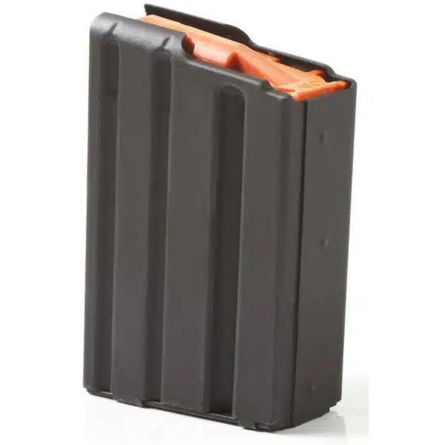 Durable black magazine with orange followers, designed for reliable firearm performance and quick loading.