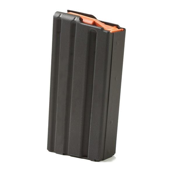 Durable matte black tactical firearm magazine with improved grip and bright follower for easy handling.