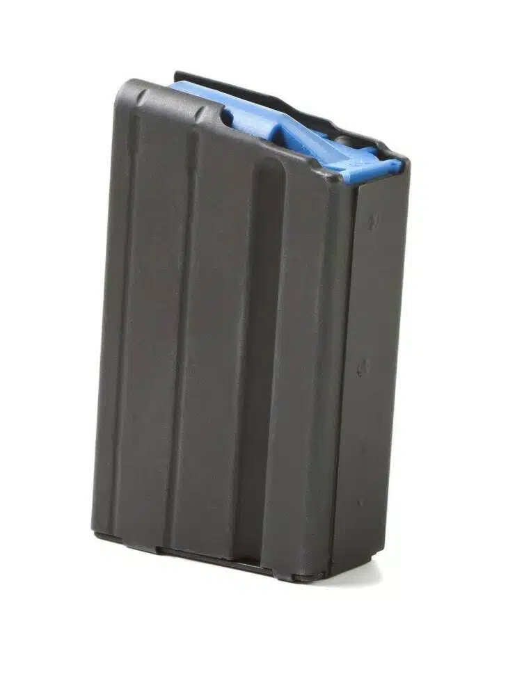 Durable black firearm magazine with blue follower for quick loading and reliable performance.