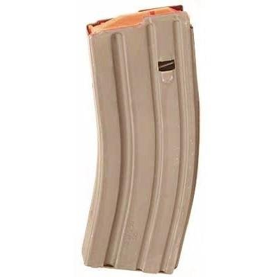 Durable tan polymer magazine for smooth feeding in firearms, featuring an orange follower and ammo window.