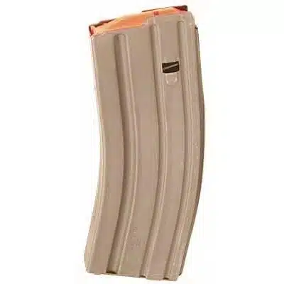 Durable tan polymer magazine for smooth feeding in firearms, featuring an orange follower and ammo window.