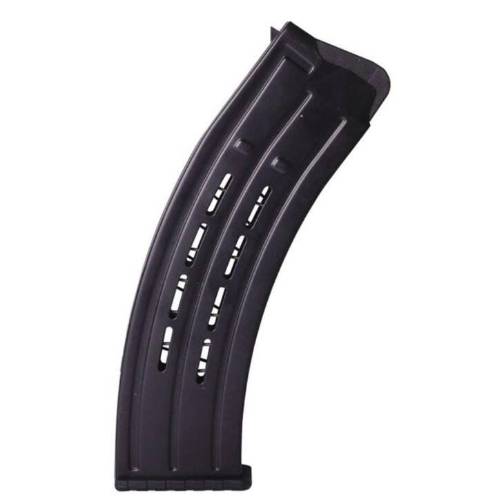 Curved black magazine designed for efficient reloading and enhanced firearm performance.
