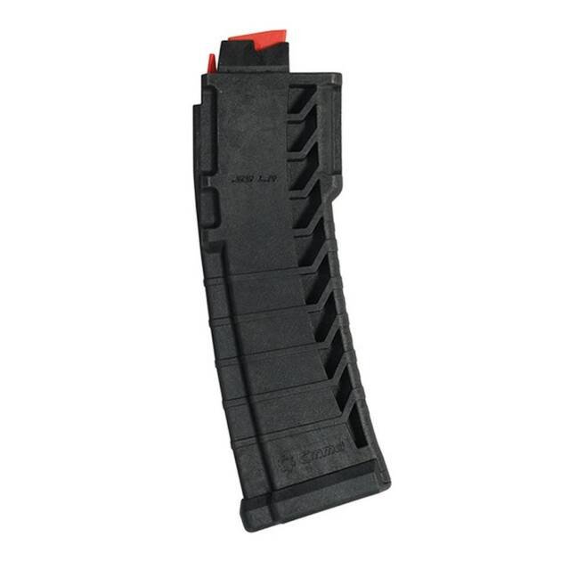 High-capacity black polymer magazine with red follower for reliable semi-automatic rifle performance.