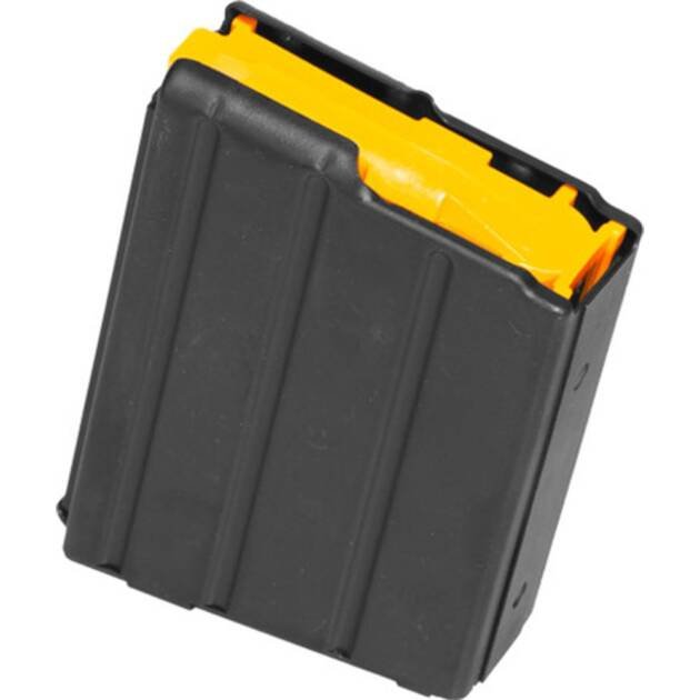 Durable black rifle magazine with yellow indicator for quick caliber identification and enhanced grip.