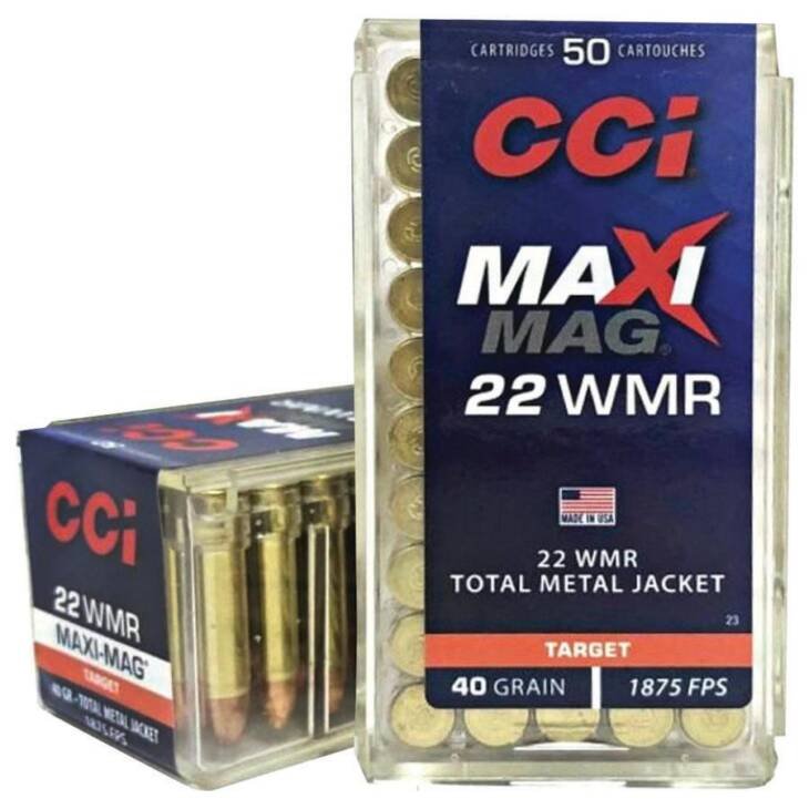 CCI Maxi-Mag .22 WMR 40 Grain TMJ ammo, 50 count, perfect for target shooting and reliability.