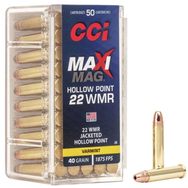 CCI Maxi-Mag .22 WMR 40gr Hollow Point ammunition, 50 rounds for hunting and pest control.