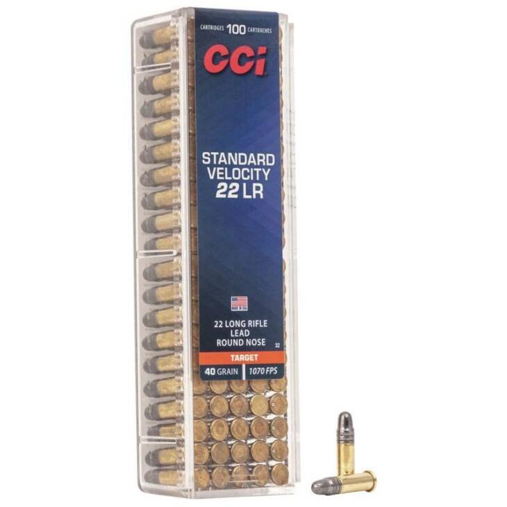 CCI .22 Long Rifle ammo, 100 rounds, 40-grain, reliable for target shooting and small game.