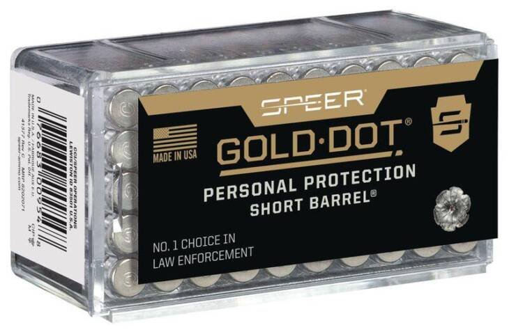 Speer Gold Dot Short Barrel Ammo: Reliable personal protection rounds for compact handguns.