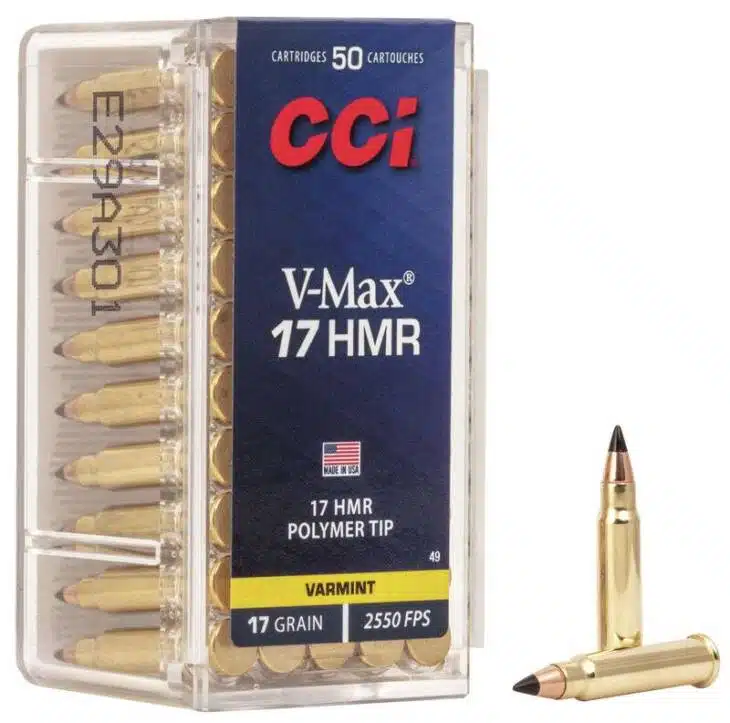 CCI V-Max .17 HMR cartridges, 50 count, 17 grains, 2550 FPS for varmint hunting.