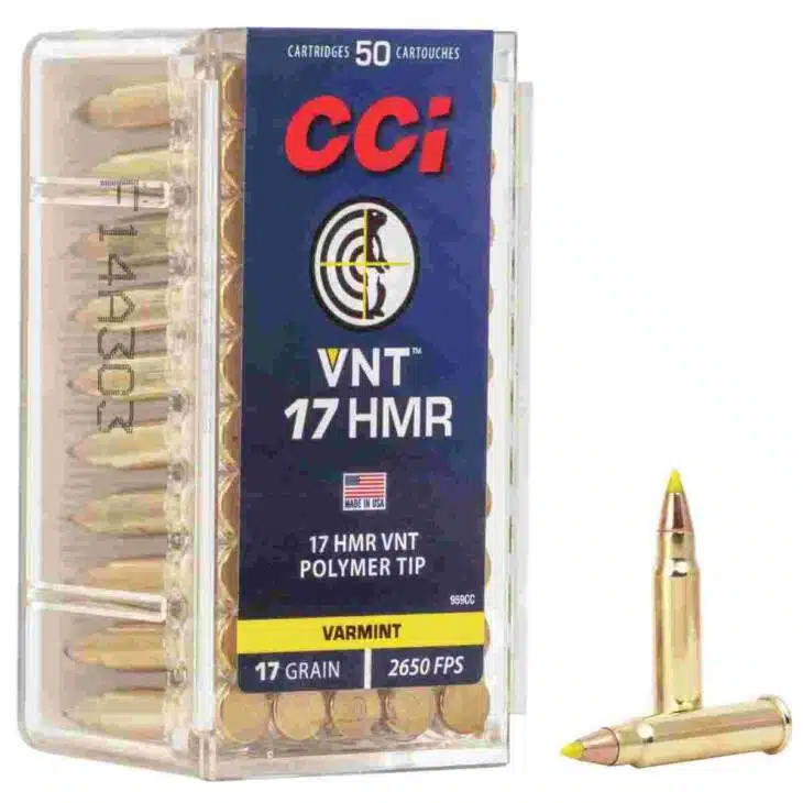CCI .17 HMR VNT ammunition: 50 cartridges for precision varmint hunting, brass casings, yellow tips.
