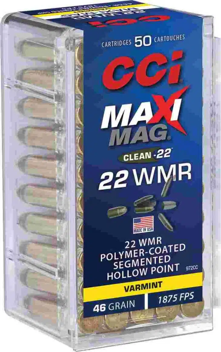 CCI Maxi-Mag 22 WMR cartridges, 46 grain polymer-coated for effective varmint hunting performance.