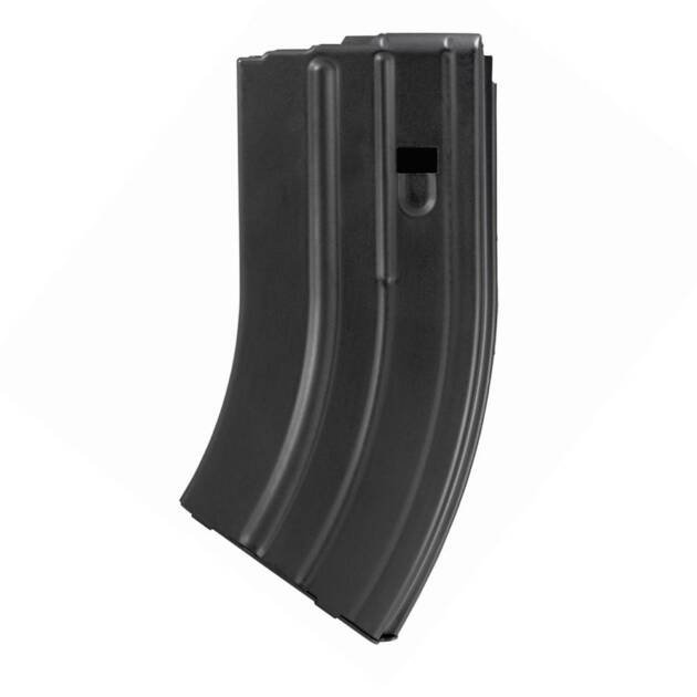 Durable high-capacity curved magazine for seamless firearm operation and easy round tracking.