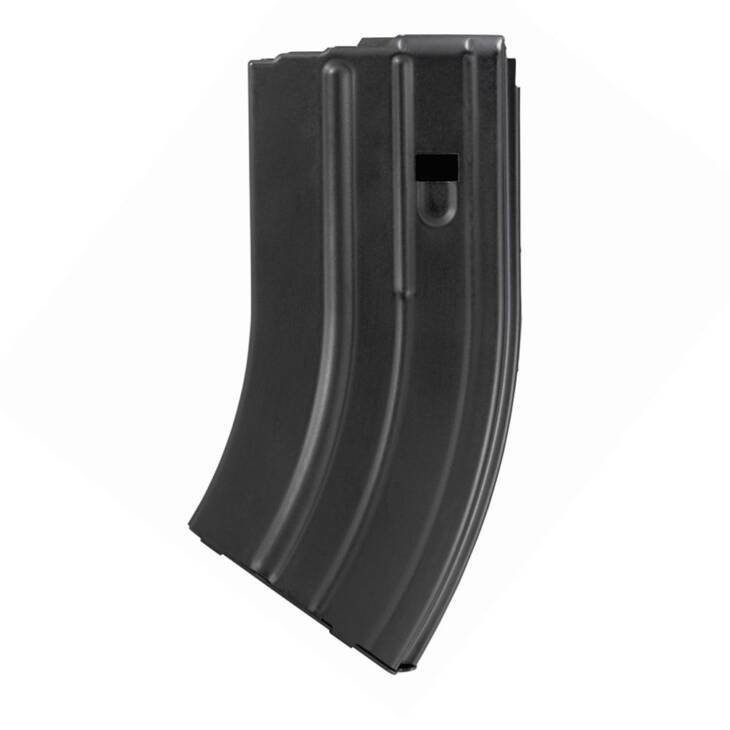Durable high-capacity curved magazine for seamless firearm operation and easy round tracking.