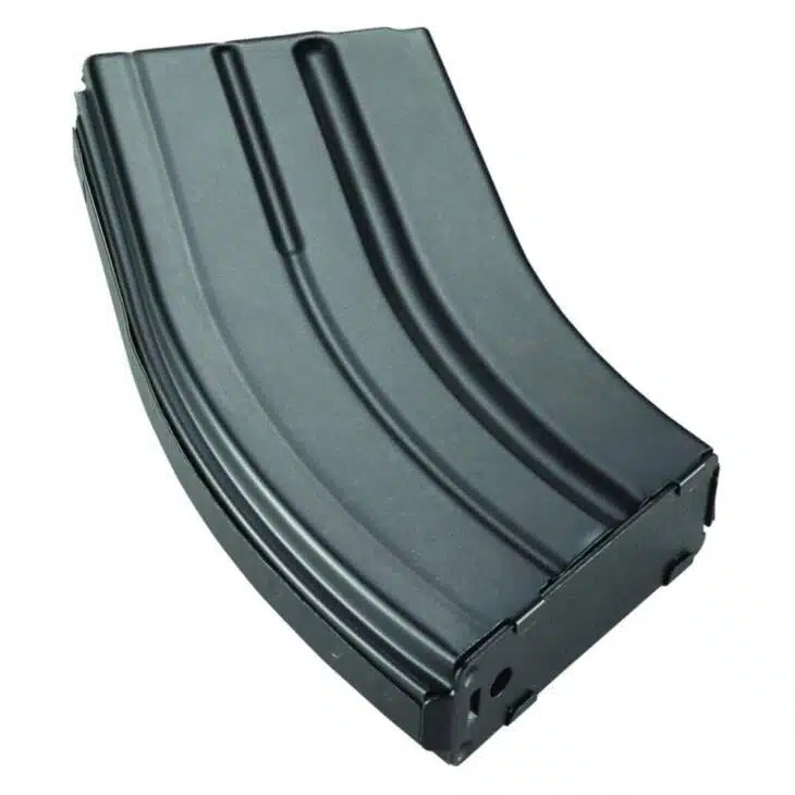 High-capacity curved magazine for rapid-fire firearms, ensuring reliable and smooth operation.