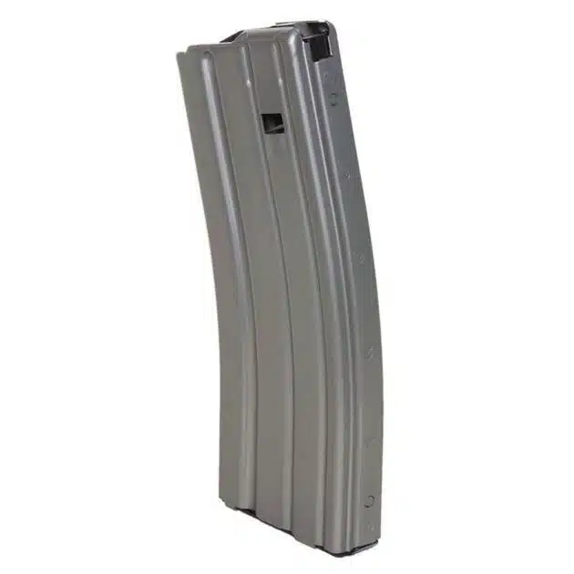 Curved metal firearm magazine for reliable feeding and enhanced performance in rifles.