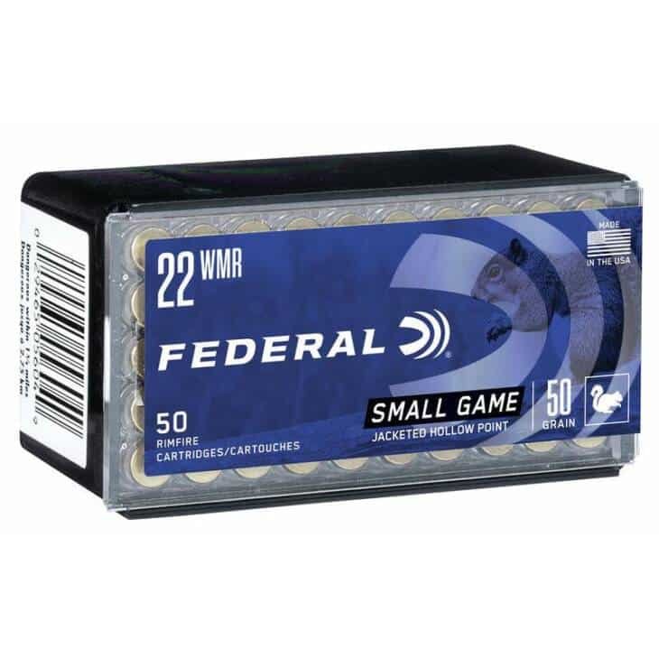 Federal .22 WMR ammo for small game hunting, 50 reliable rounds, perfect for sport shooting.
