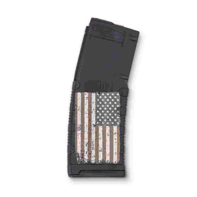 Curved black high-capacity magazine with distressed American flag design for rifle enthusiasts.
