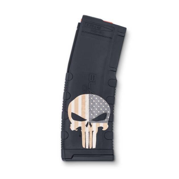 High-capacity magazine with skull graphic and American flag design for rifles.
