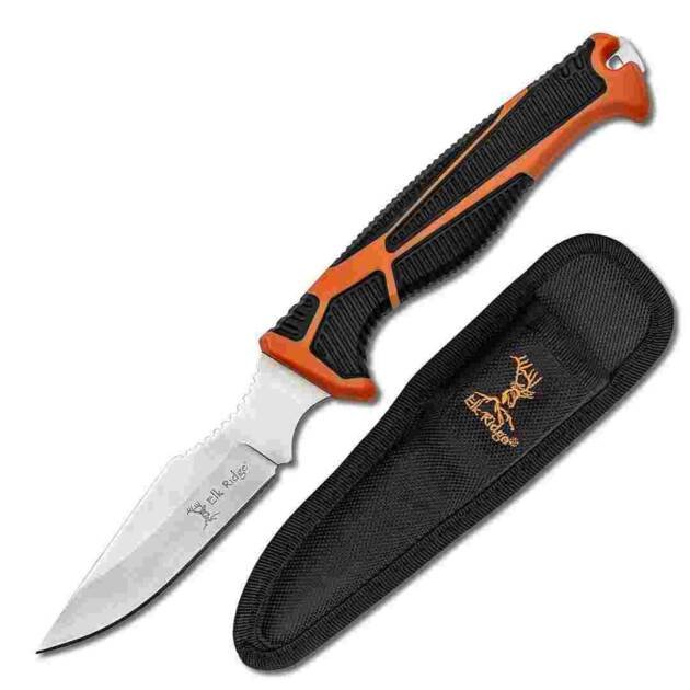 JAERTKFIX003: Durable stainless steel knife with orange grip and protective sheath for outdoor use.