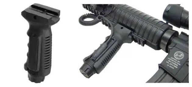 Tactical vertical grip for rifles, enhancing control, stability, and shooting precision.