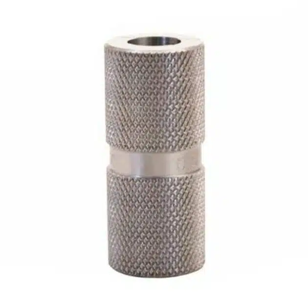 Durable knurled metallic cylinder designed for secure grip and versatile mechanical connections.