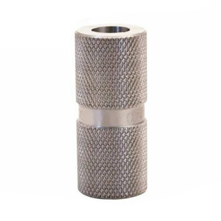 Durable knurled metallic cylinder designed for secure grip and versatile mechanical connections.